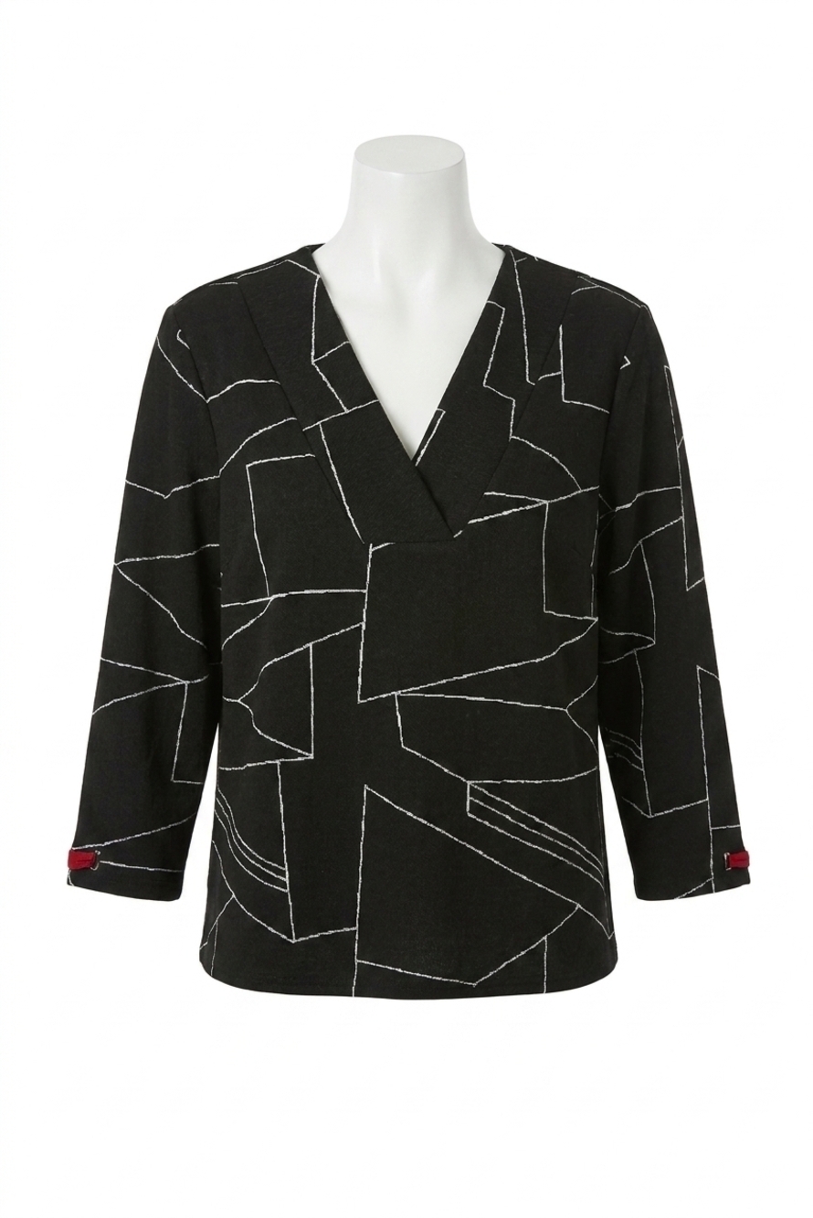 NEW JOSEPH RIBKOFF abstract print v-neck 3/4 sleeves top in black/off-white